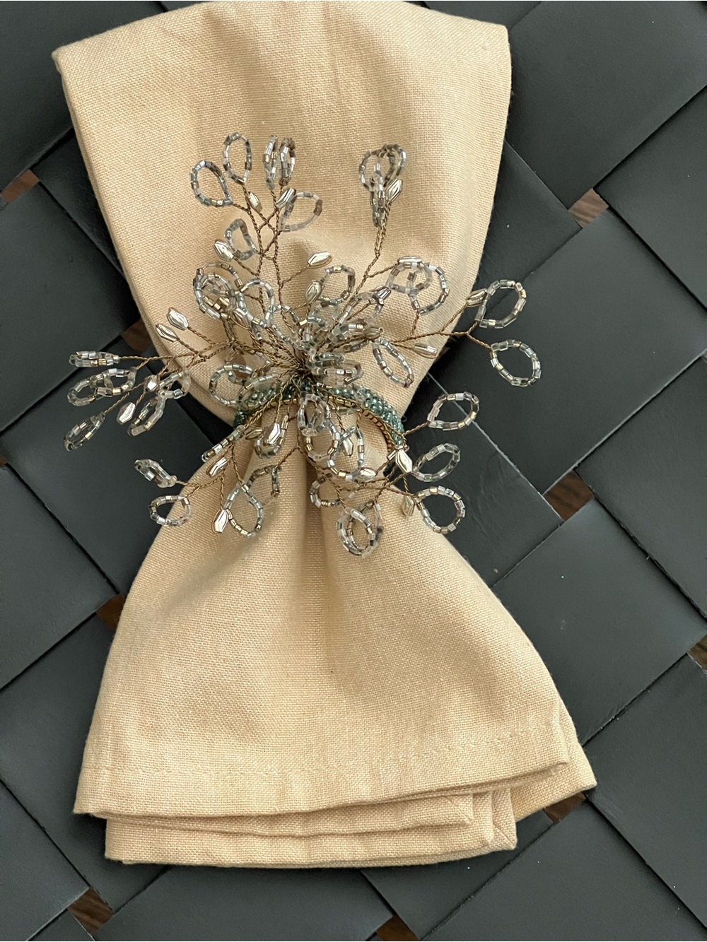 Pier 1 Imports Gold Beaded Crystal Floral Napkin Rings Set of 4